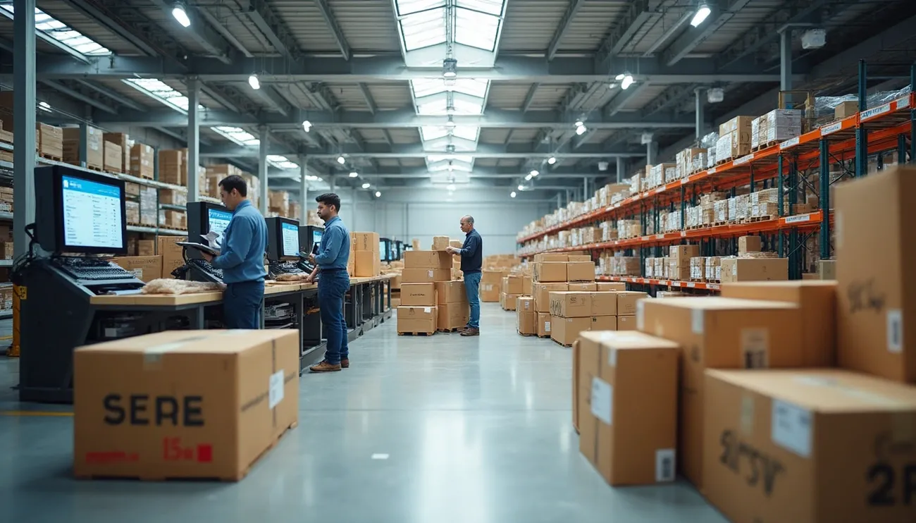 Workers process and organize packages in a large, well-lit warehouse with shelves full of boxes.