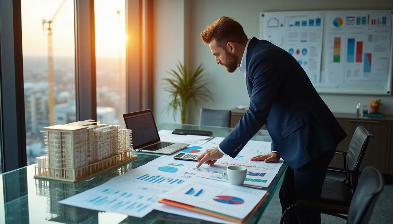 Businessman analyzing real estate development charts and a building model in a modern office at sunset.