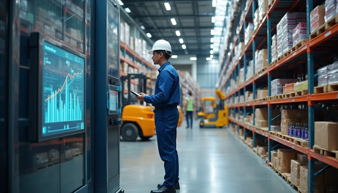 Warehouse worker in hard hat uses digital device to monitor demand forecasting data on a screen among stocked shelves.