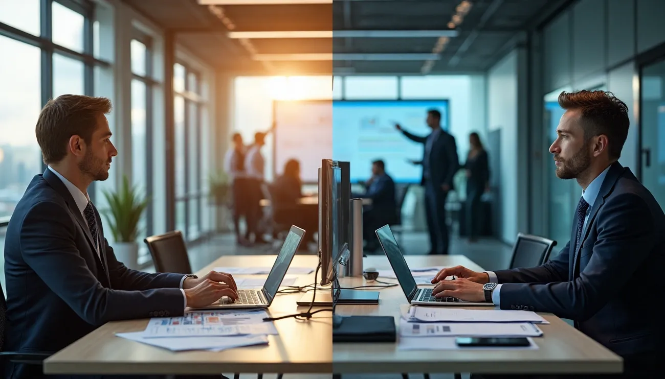 Two businessmen in suits working on laptops at a desk in a modern office with a meeting in the background