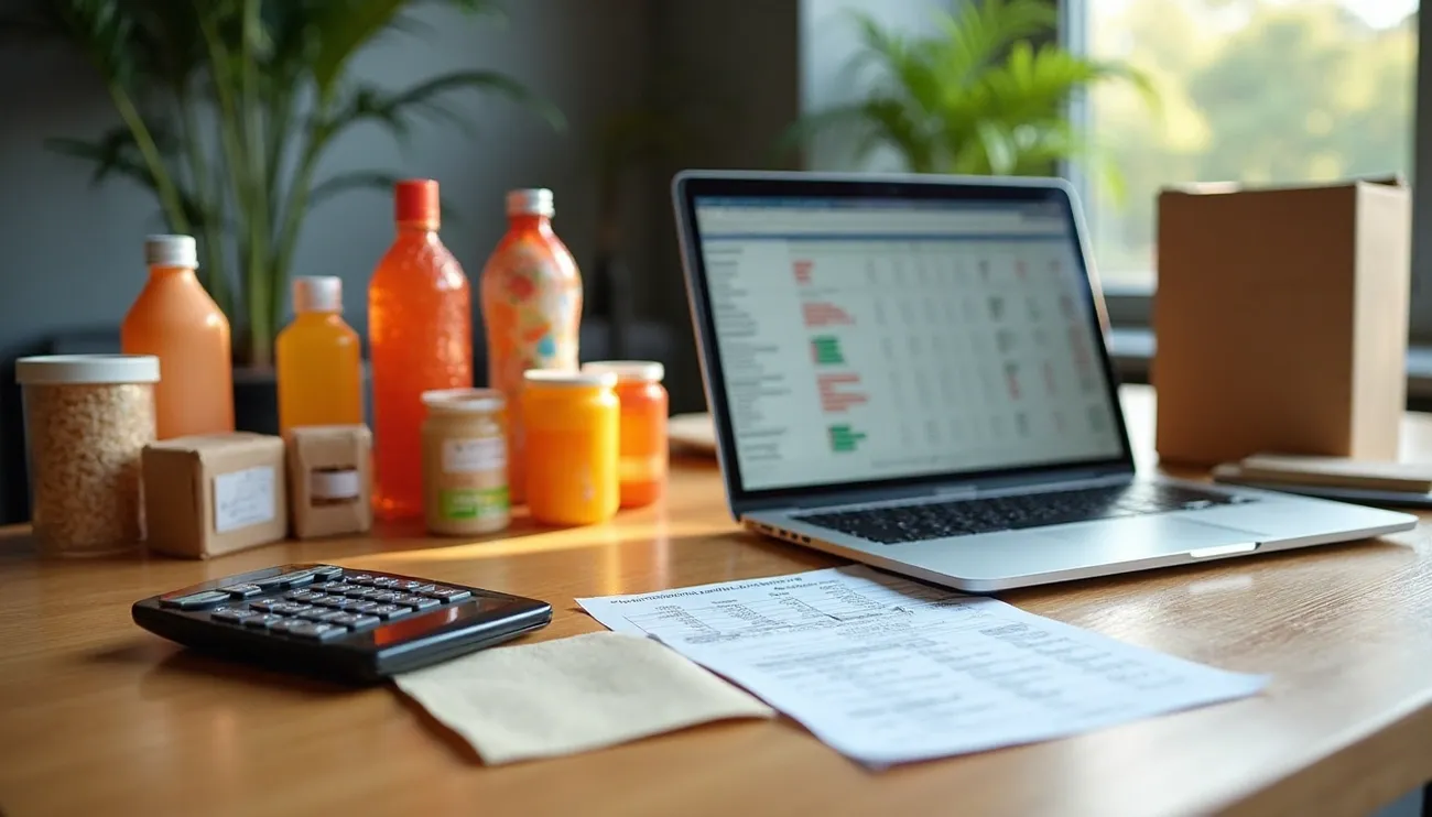Calculator, financial documents, laptop with spreadsheet, and packaged CPG products on a wooden desk in a bright office.