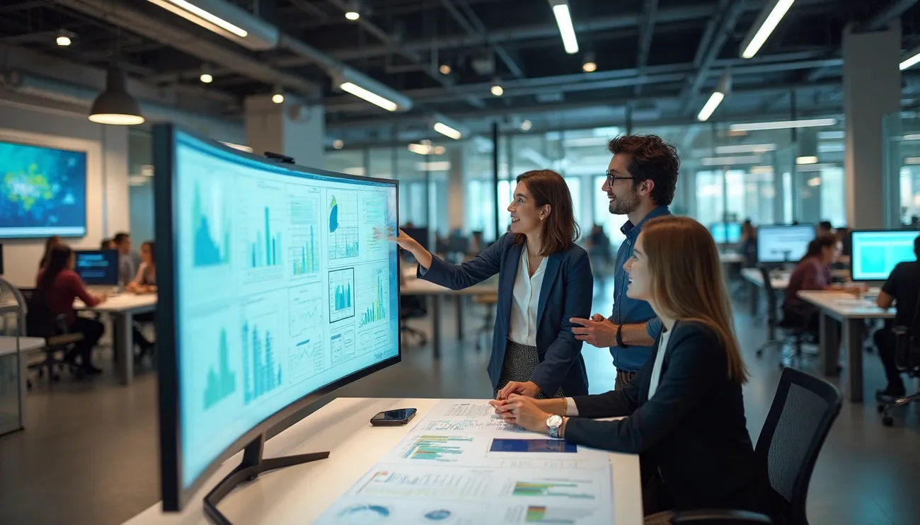 Business professionals analyzing financial growth charts on a large curved screen in a modern office setting.