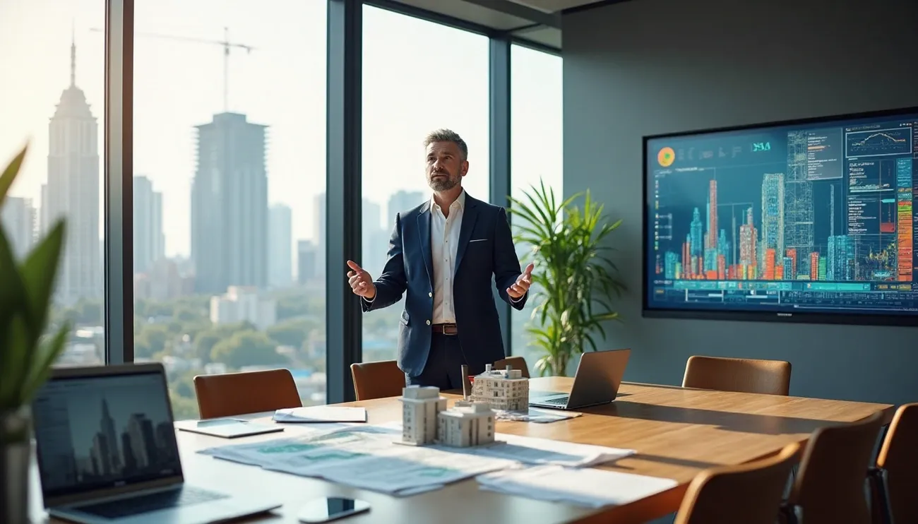 Businessman in suit presenting real estate project plans and digital cityscape data in a modern office.