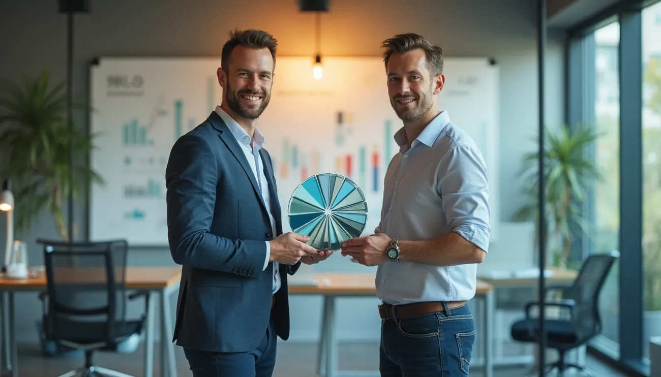 Two businessmen holding a segmented circular chart in a modern office with financial graphs in the background.