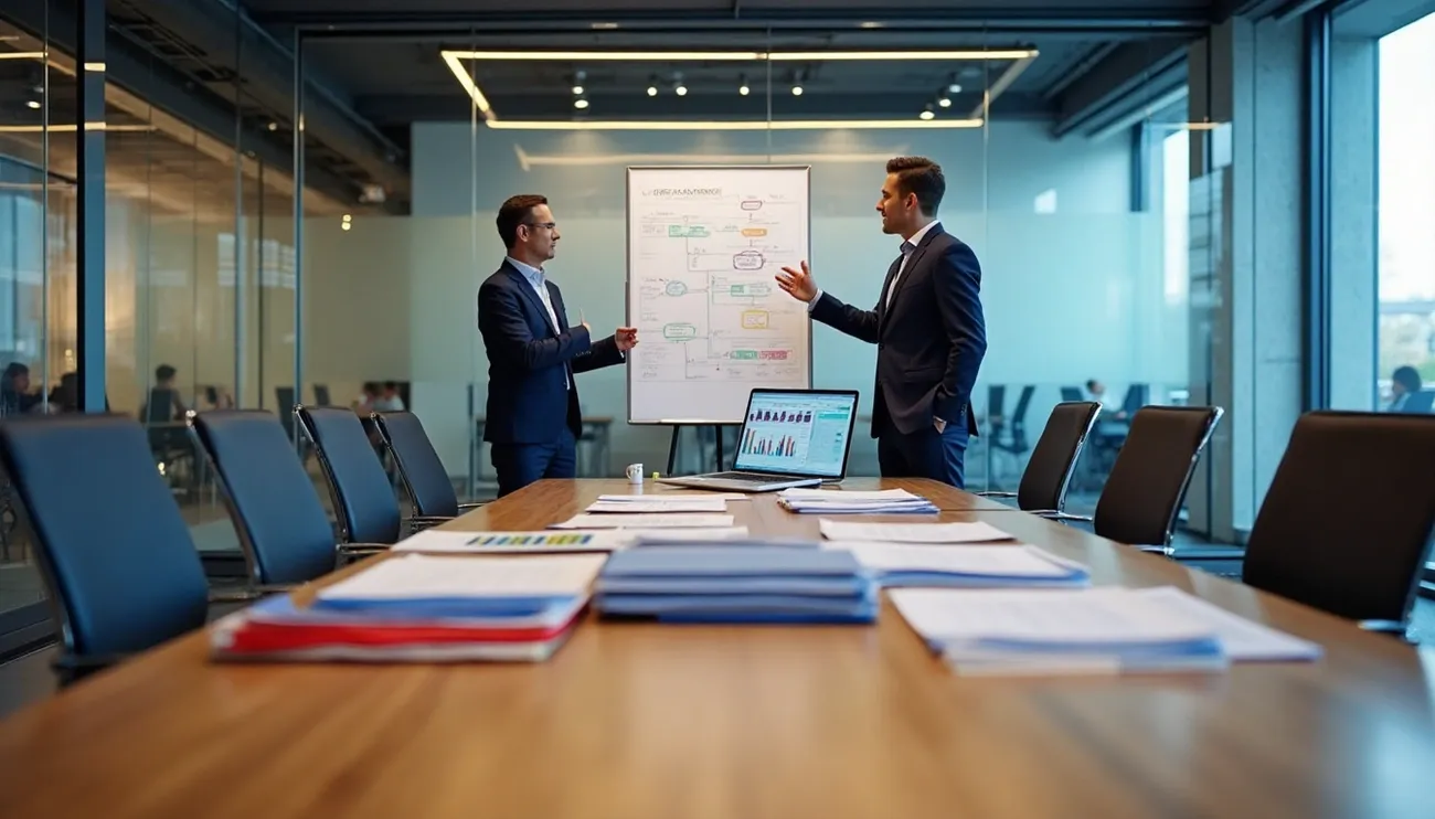 Two businessmen in suits discuss a flowchart on a whiteboard in a modern conference room with documents and a laptop on the table.