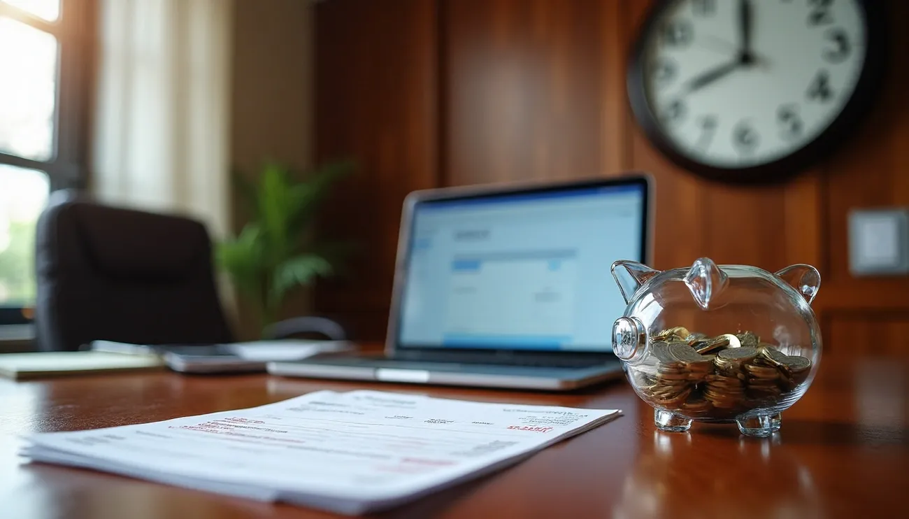 Transparent piggy bank filled with coins on a desk with legal documents and a laptop in a law office setting