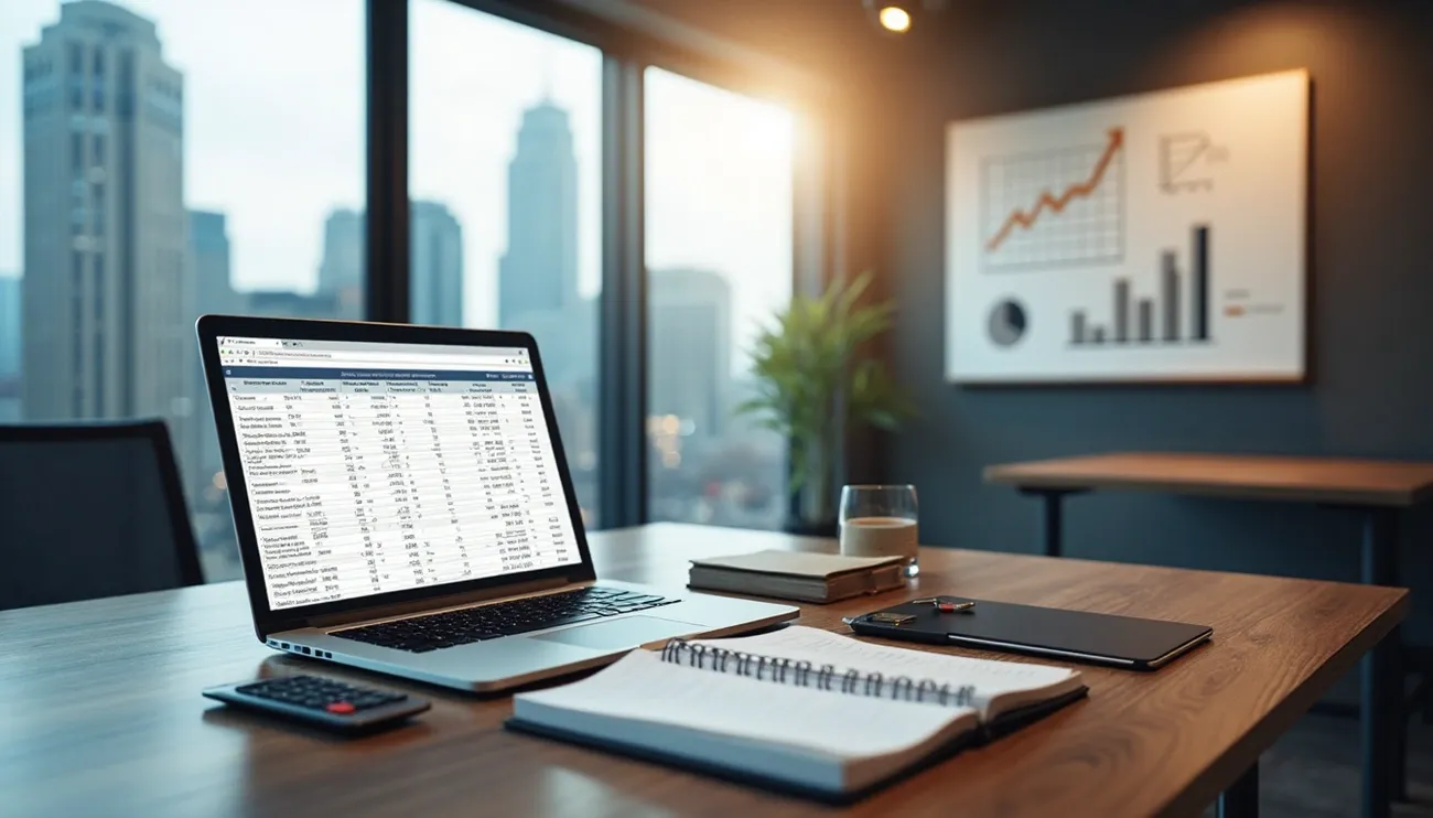 A laptop displaying a financial spreadsheet on a desk with a calculator, notebook, and charts in a modern office setting.