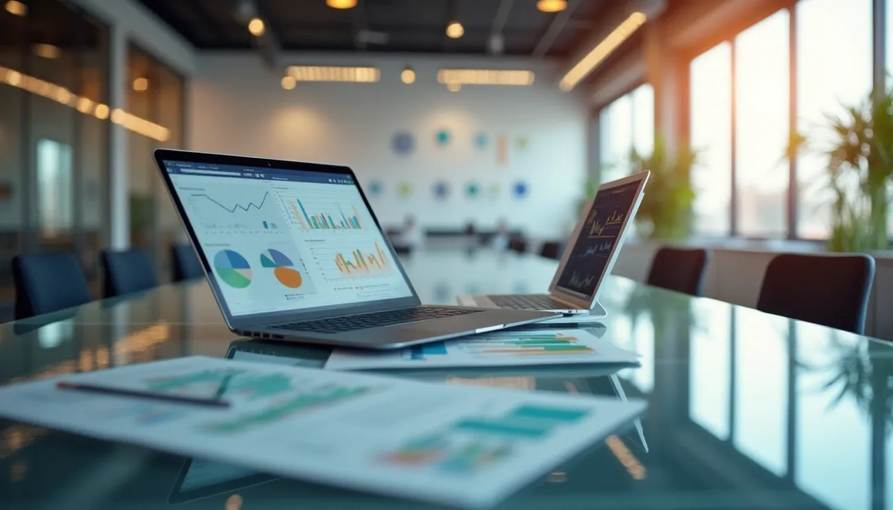 Two laptops displaying charts and graphs on a conference table with printed reports in a modern office.
