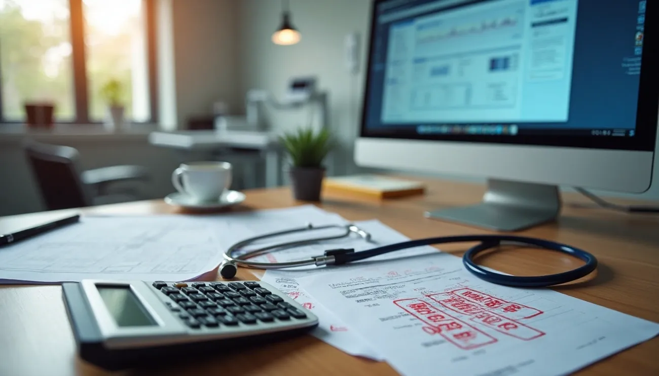 Calculator, stethoscope, and unpaid medical bills on a desk with a computer in a medical office setting.