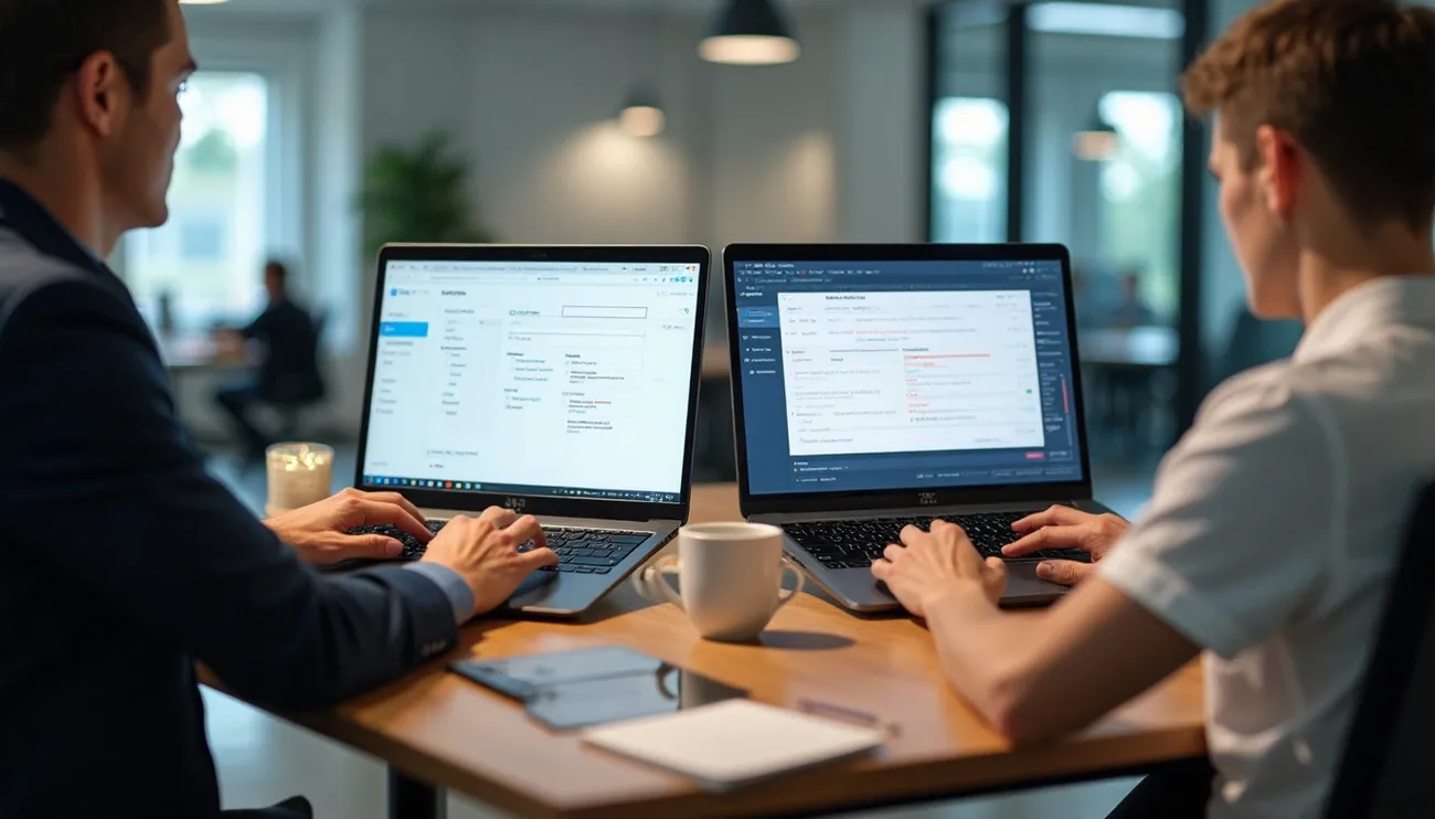 Two professionals working on laptops side by side in a modern office setting with a coffee cup between them.