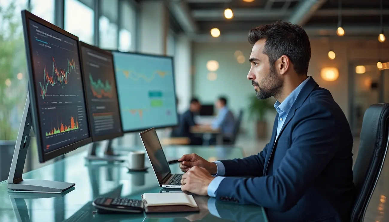 Businessman in suit analyzing financial data on laptop and dual monitors in modern office setting