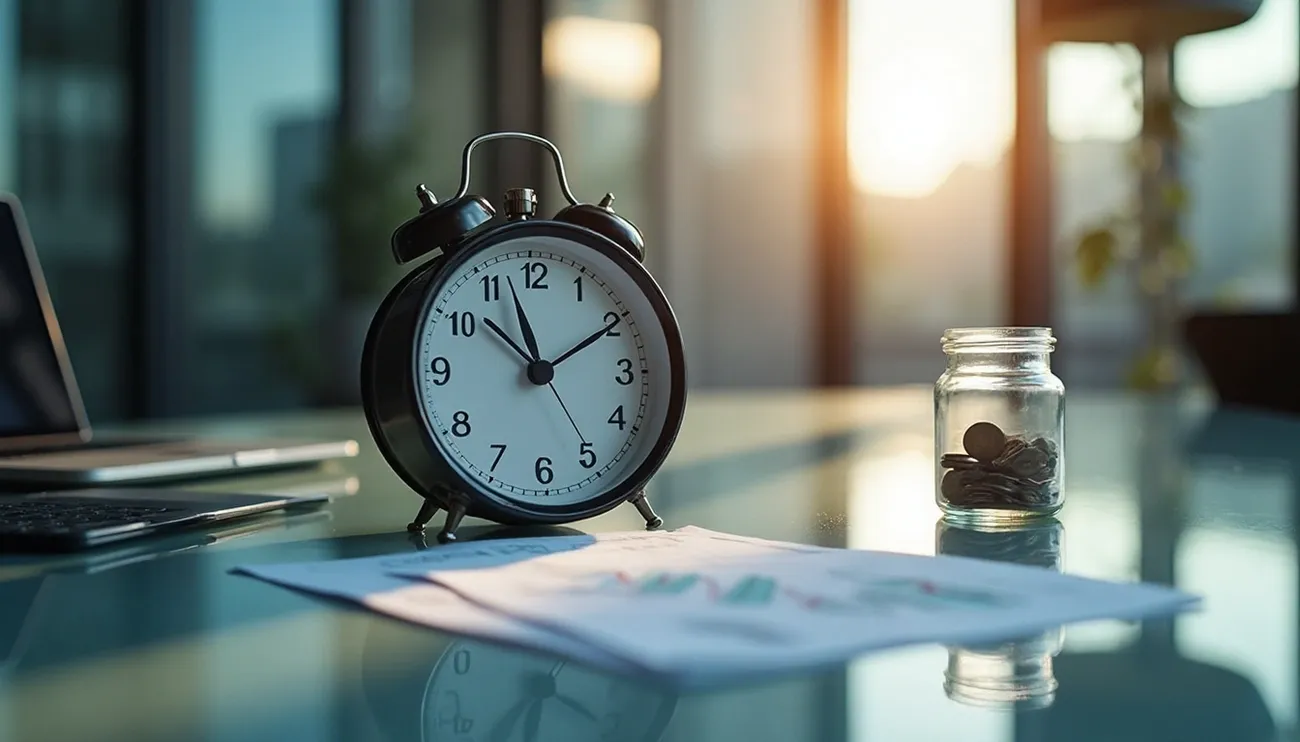 Alarm clock and jar of coins on a desk symbolizing business time management and cash flow concerns.