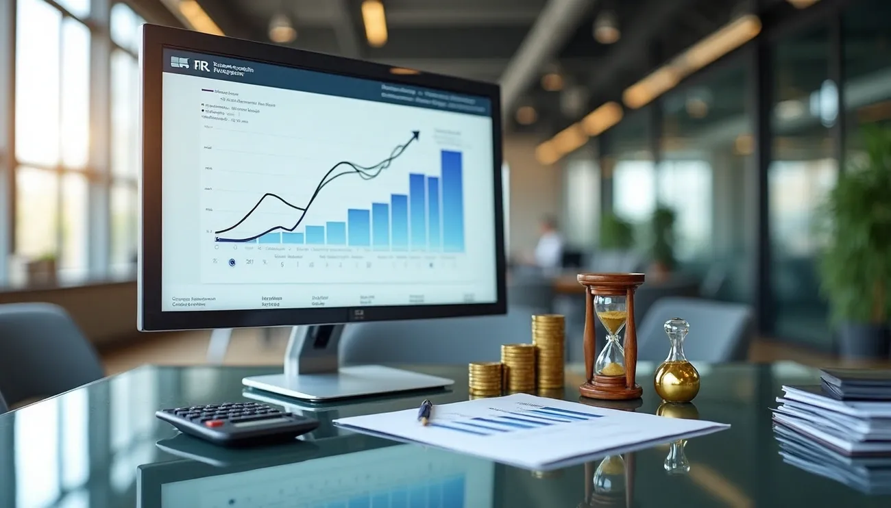 Office desk with a rising financial graph on a monitor, stacked coins, hourglass, and documents symbolizing profitable SaaS growth.