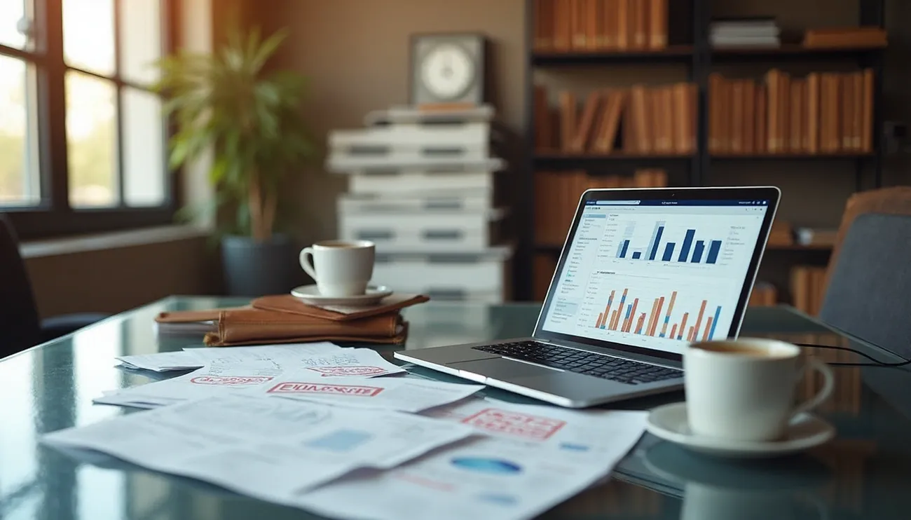 Office desk with financial charts on a laptop, confidential-stamped documents, and coffee cups in a law firm setting.