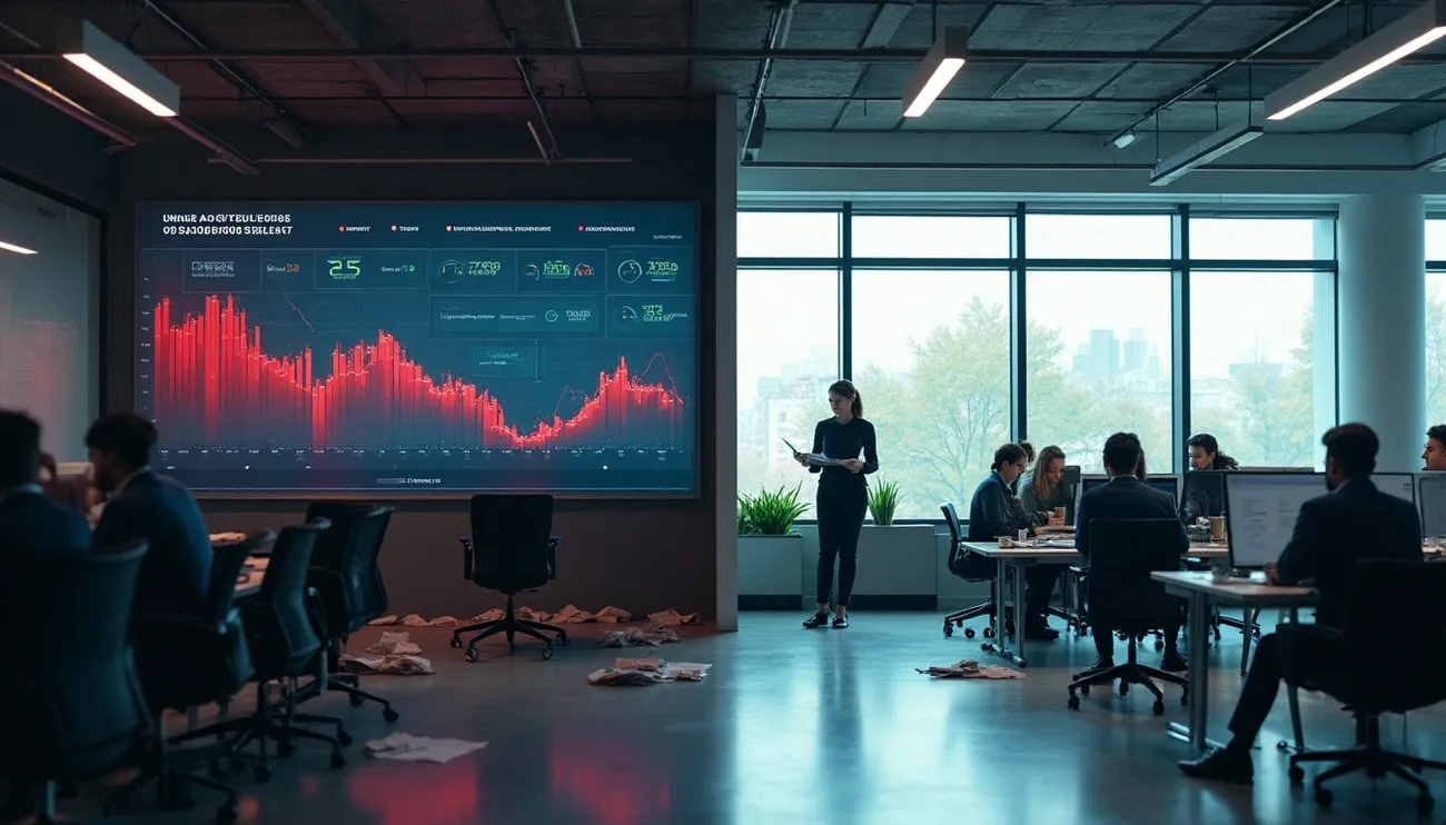 Office meeting with a large red data chart on churn rate displayed on a screen and employees working at desks in a modern workspace.