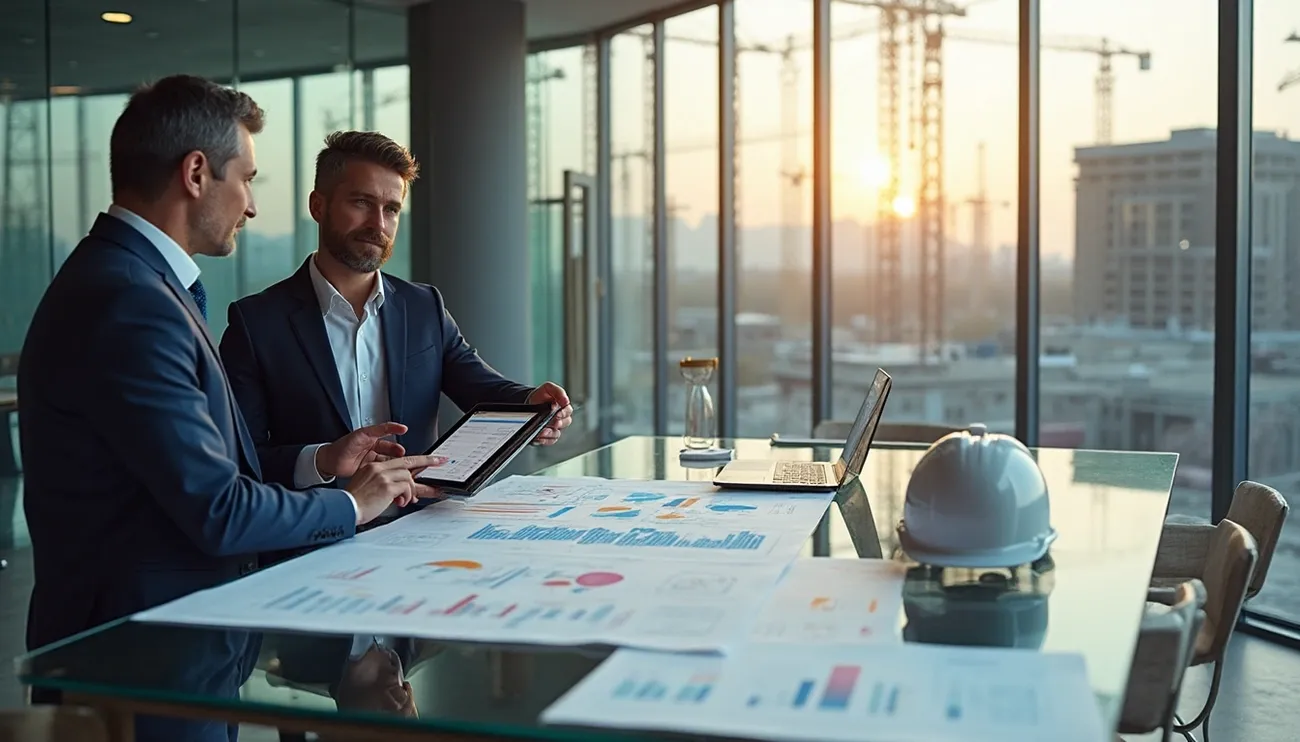 Two business professionals review financial charts and data on a tablet in an office overlooking construction cranes at sunset.