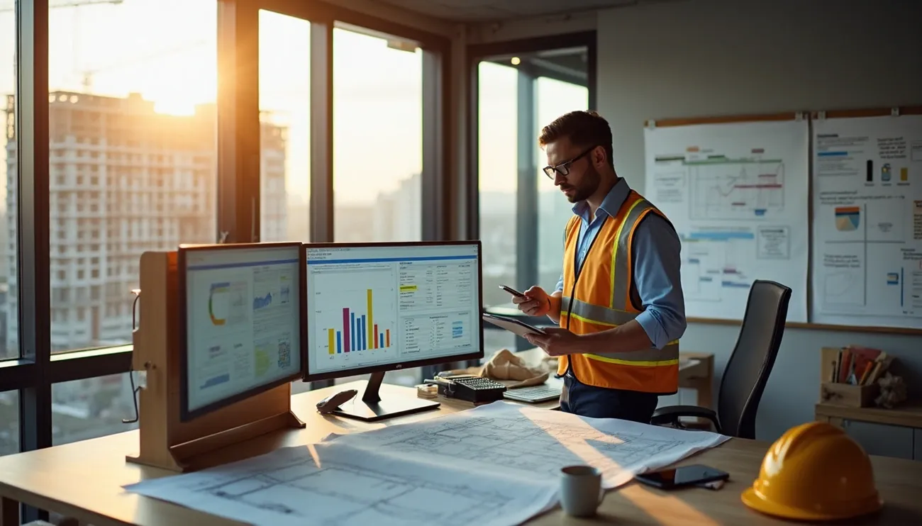 Construction manager reviews financial data and blueprints on dual monitors in an office at sunset.