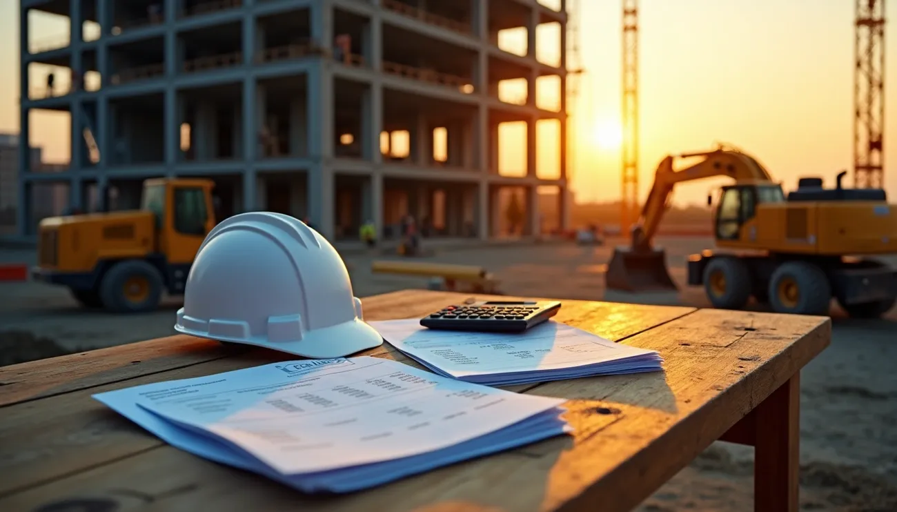 Construction site with a hard hat, financial documents, and calculator on a wooden table at sunset.