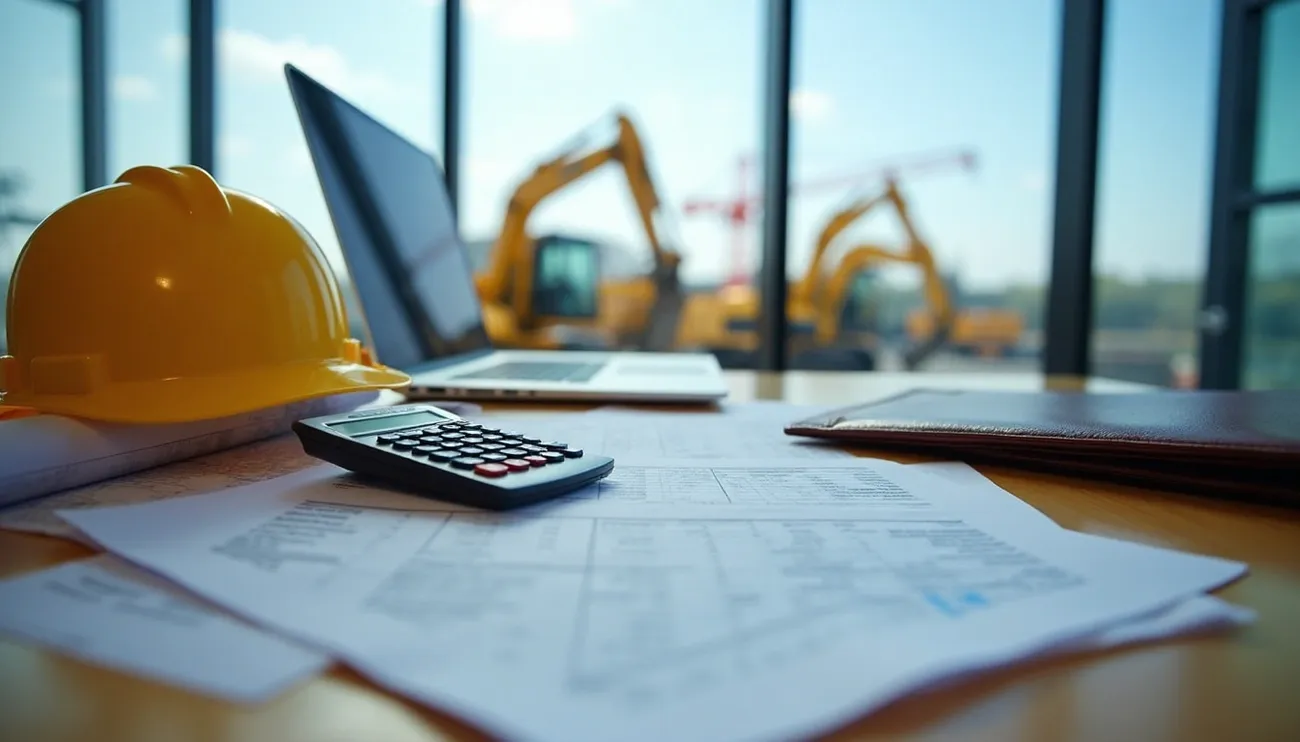Construction site office desk with hard hat, calculator, blueprints, and laptop overlooking excavators outside.