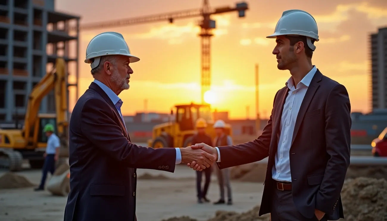Two construction professionals in suits and helmets shaking hands at a construction site during sunset.