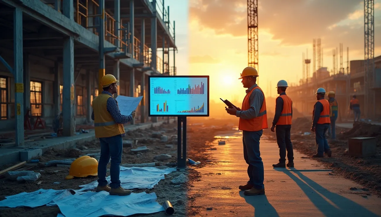 Construction workers review project plans and financial charts on a screen at a building site during sunset.