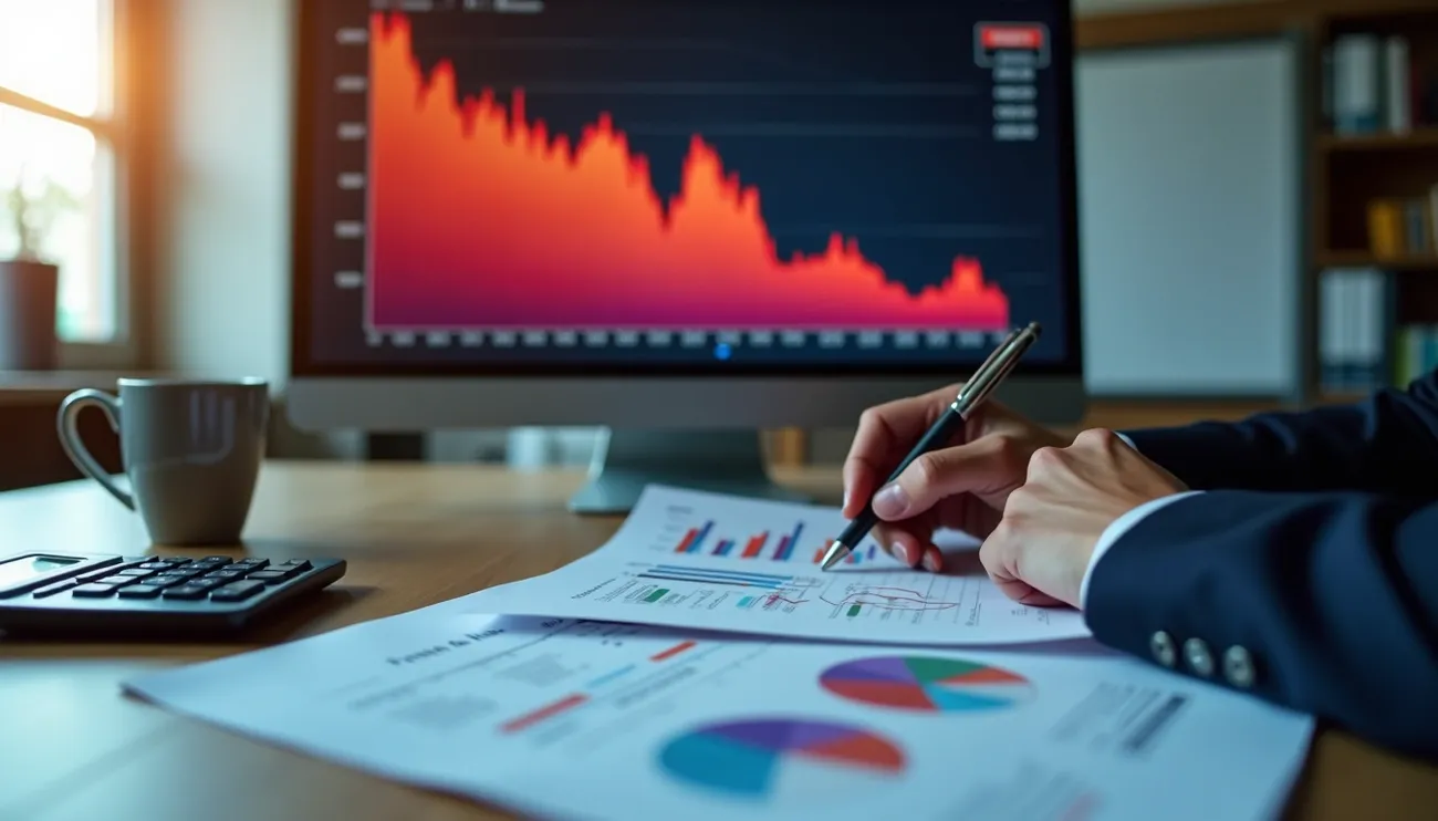 Person analyzing financial documents with charts and a declining graph on a computer screen in an office setting.
