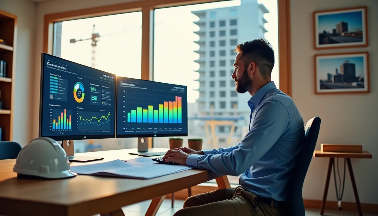 Man in office analyzing construction project KPIs on dual monitors with charts and graphs, hard hat on desk nearby.