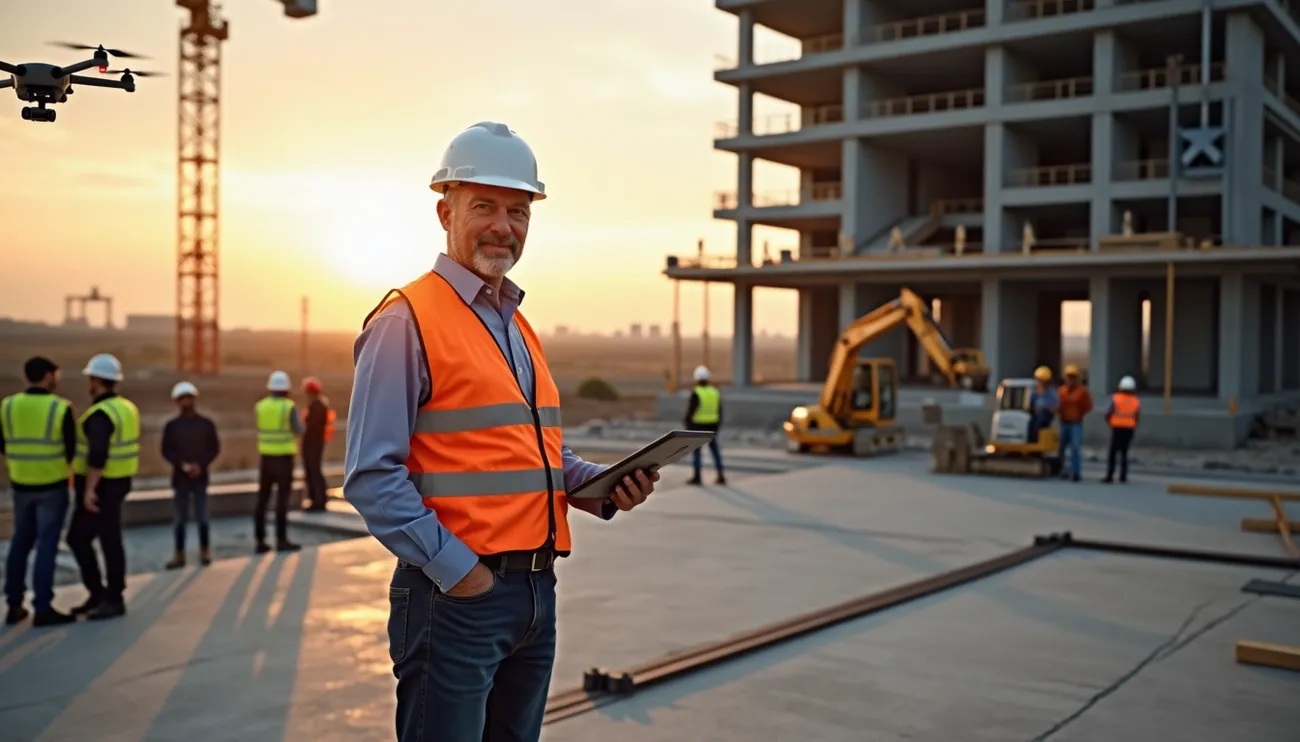 Construction site manager in a hard hat and safety vest holding a tablet with workers and machinery in the background at sunset.