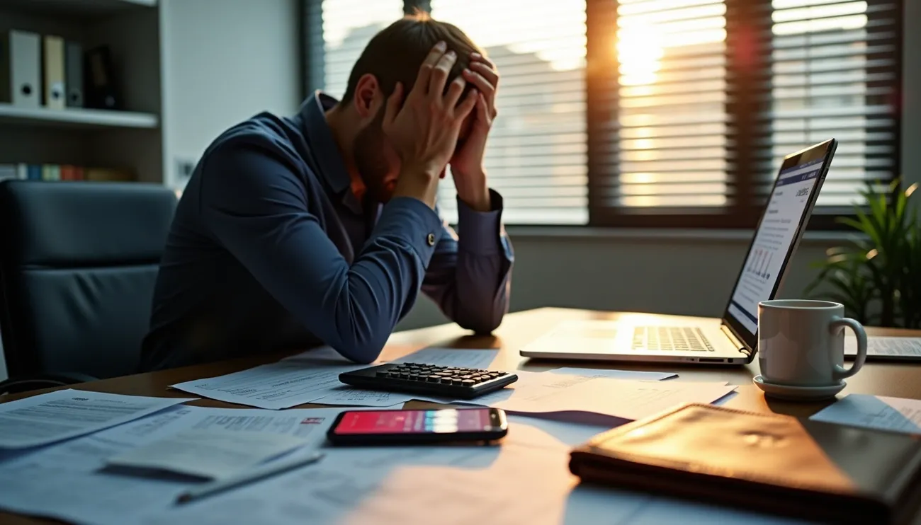Stressed man sits at desk with hands on head surrounded by financial documents, calculator, and laptop in office.