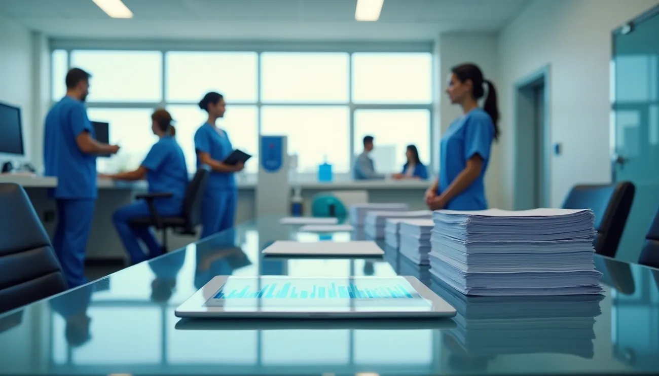 Healthcare professionals in blue scrubs discuss patient data in a bright office with stacked documents and a tablet on the table.