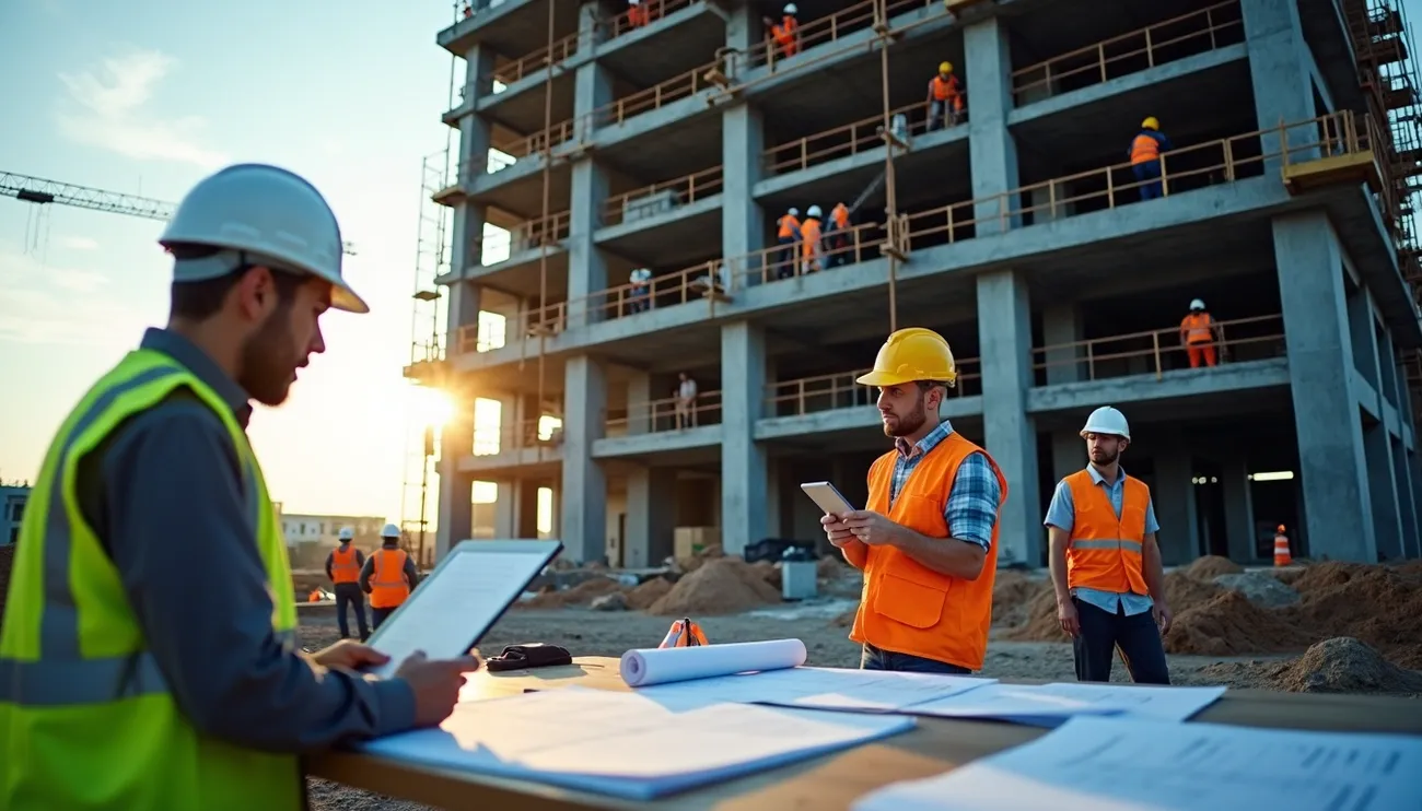 Construction workers in safety gear review plans and digital devices at a building site during sunset.