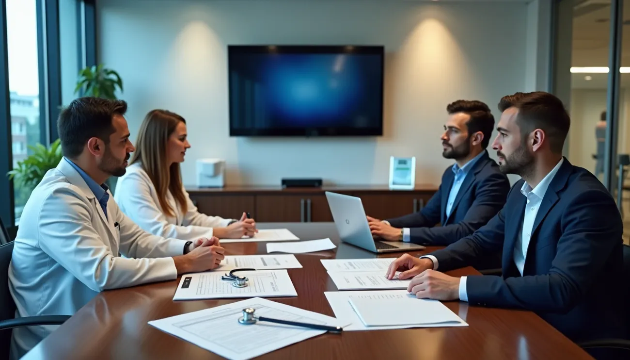 Medical professionals and businesspeople reviewing documents and laptops during a due diligence meeting in a conference room.