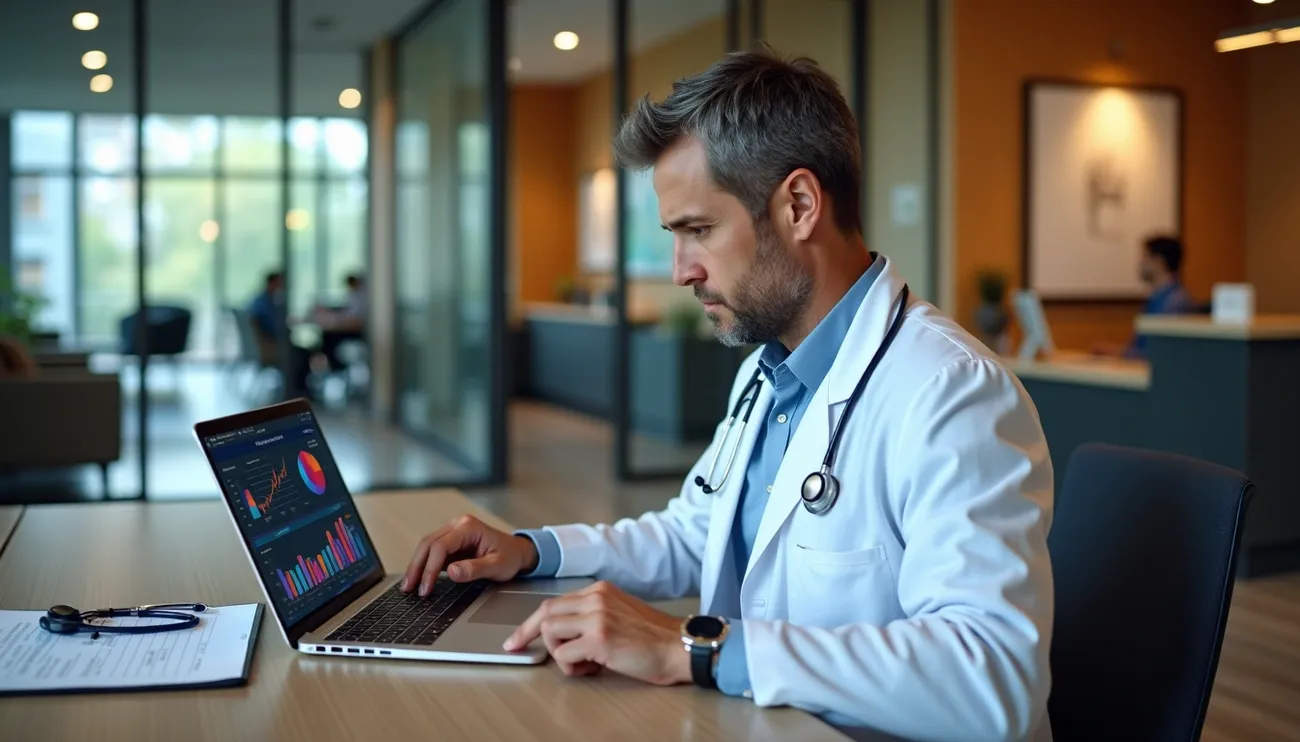 Doctor in a white coat reviewing financial charts on a laptop in a modern healthcare office setting.