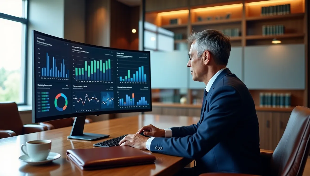Business professional analyzing KPI dashboard with charts and graphs on a large monitor in a modern law office.