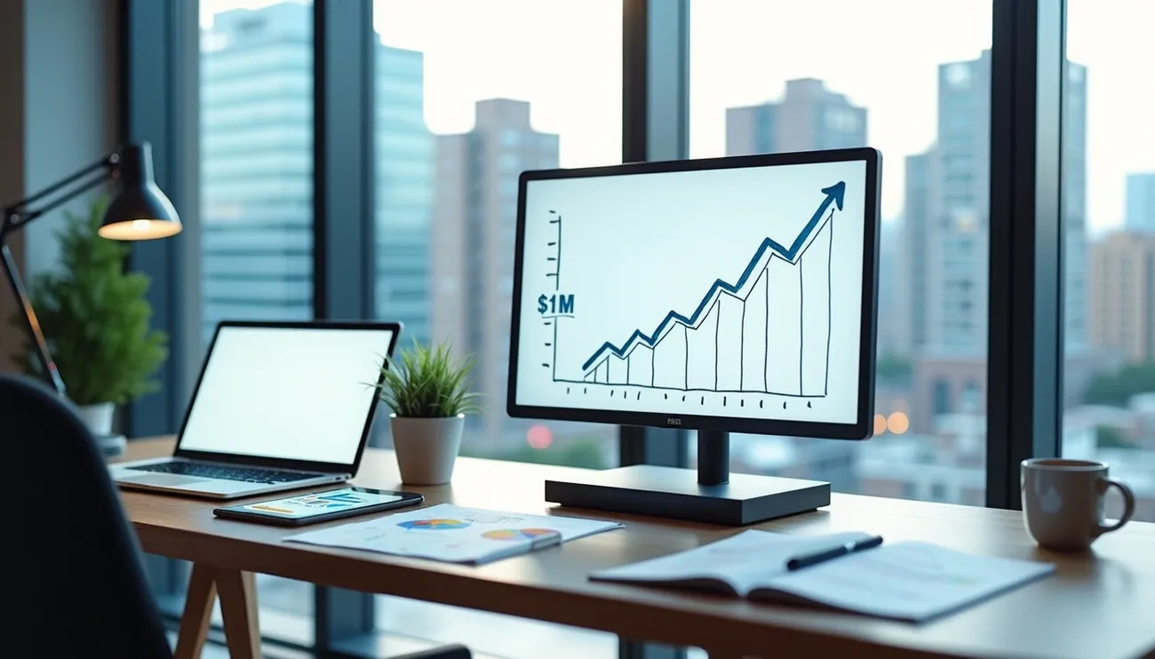 Modern office desk with computer showing a graph rising to $1M, symbolizing SaaS product launch success and growth.