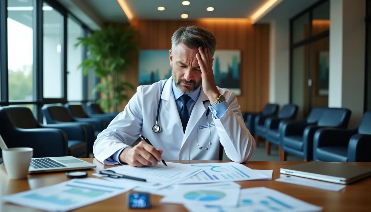 Doctor in a white coat reviews financial charts and documents in a modern office setting with a laptop nearby.