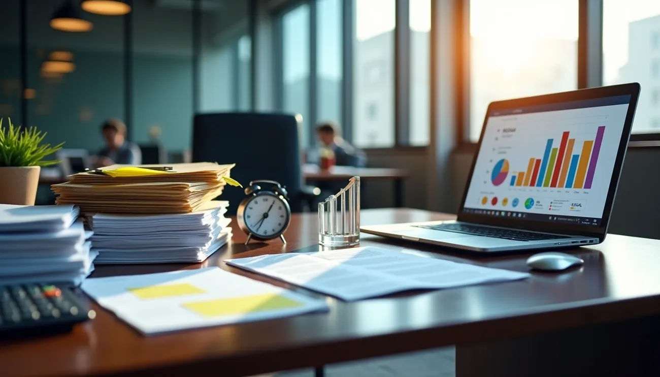 Office desk with legal documents, a clock, and a laptop displaying colorful financial charts in a bright workspace.