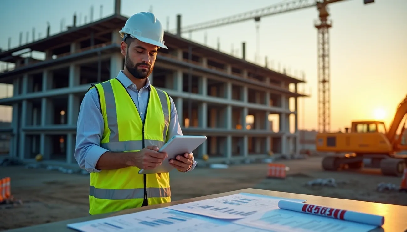 Construction manager in safety vest and helmet reviewing blueprints and data on a tablet at a building site during sunset.