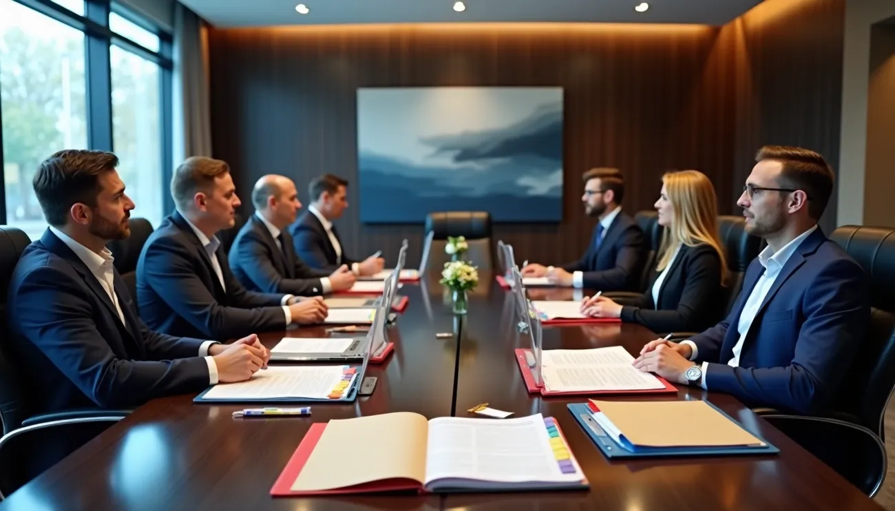 Lawyers in suits seated at a conference table with documents and laptops, engaged in a formal meeting.