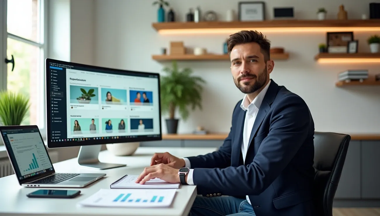 Businessman analyzing digital marketing data on multiple screens in a modern office to optimize DTC channel profits