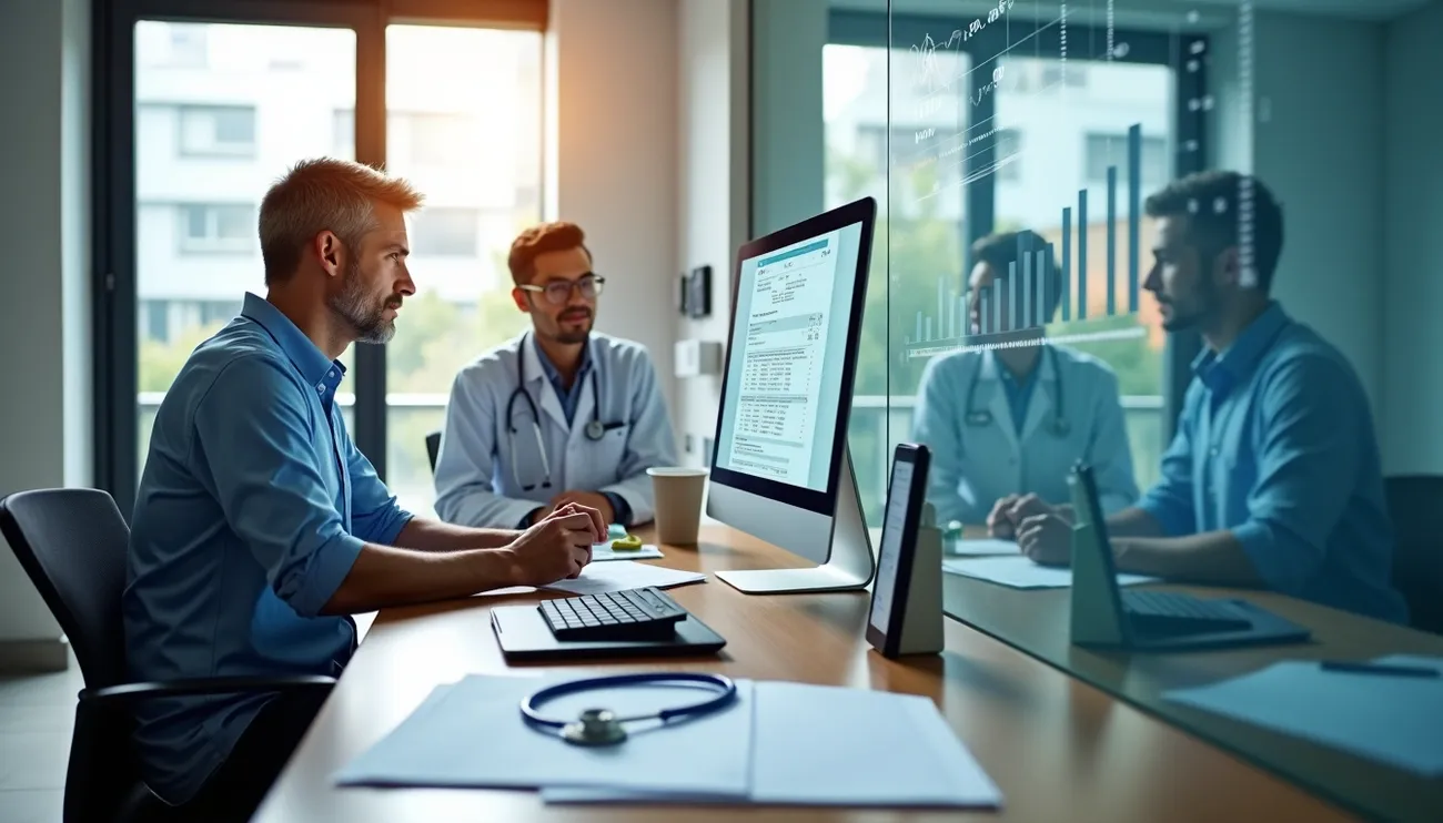 Two professionals discussing healthcare costs and data displayed on a computer screen in a modern office.