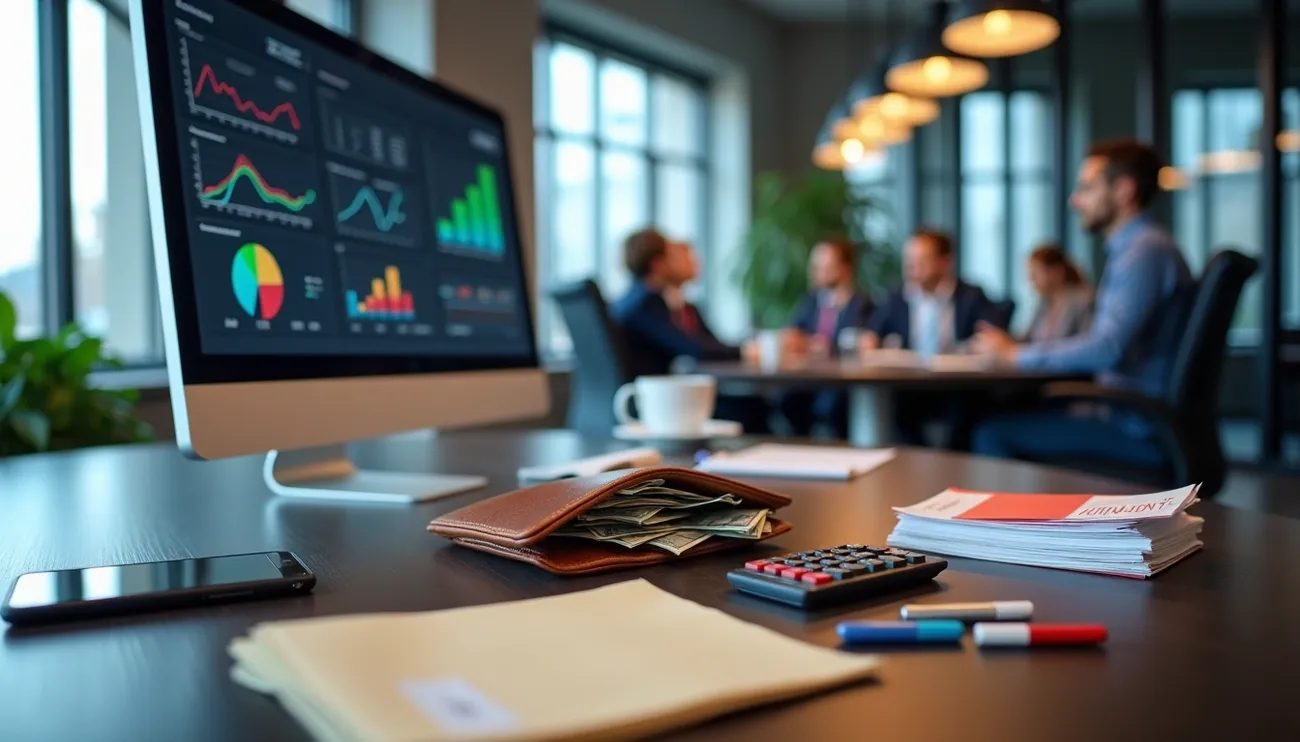 Office desk with financial charts on computer, wallet with cash, calculator, and people meeting in background.