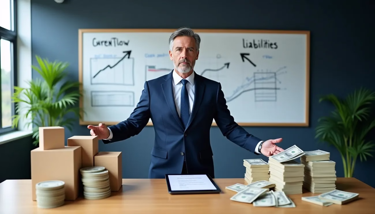 Businessman in suit presenting stacks of cash and coins in front of a whiteboard with cash flow and liabilities charts.