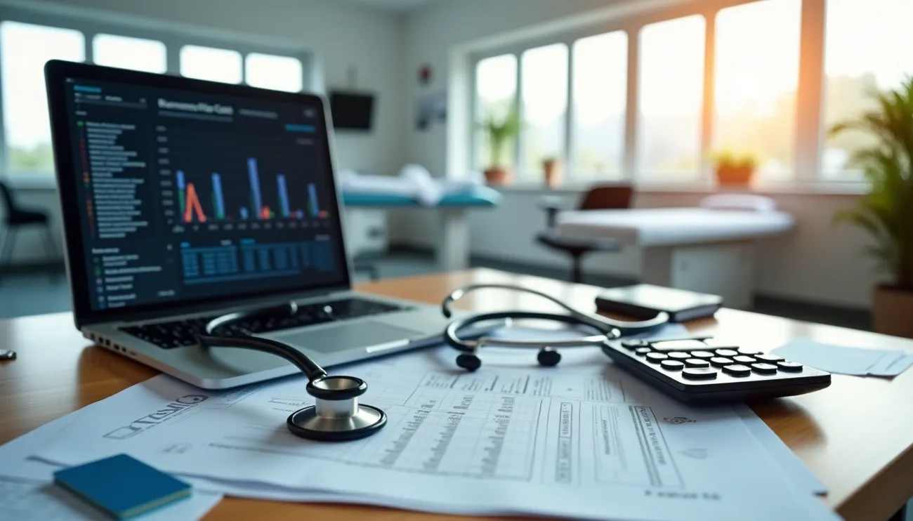 Laptop with financial charts, stethoscope, calculator, and documents on a desk in a bright medical office.
