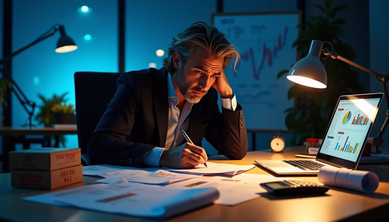 Businessman working late at desk surrounded by financial charts, documents, and a laptop displaying graphs.