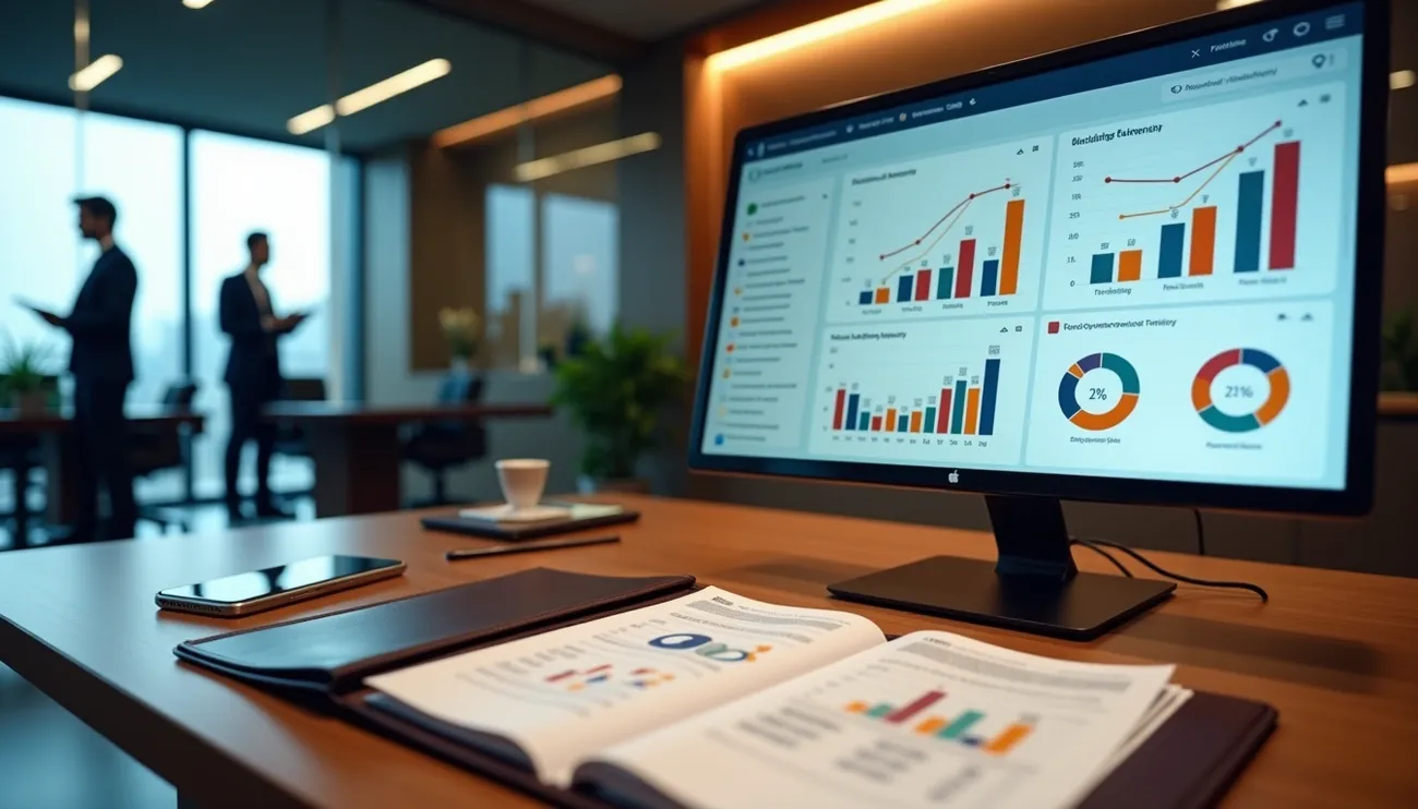Office desk with financial charts on computer and reports, two professionals discussing in background of modern law firm.