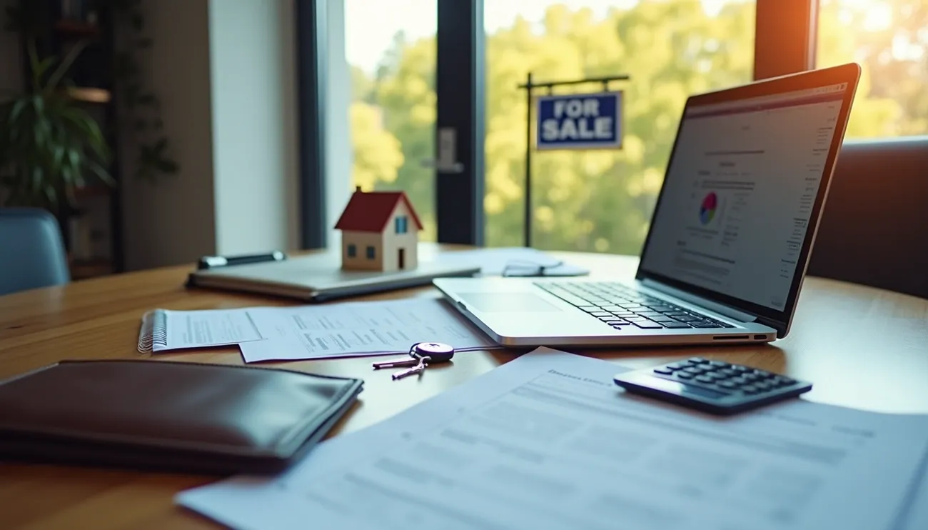 Desk with laptop, documents, calculator, house model, and 'For Sale' sign symbolizing real estate tax deductions.