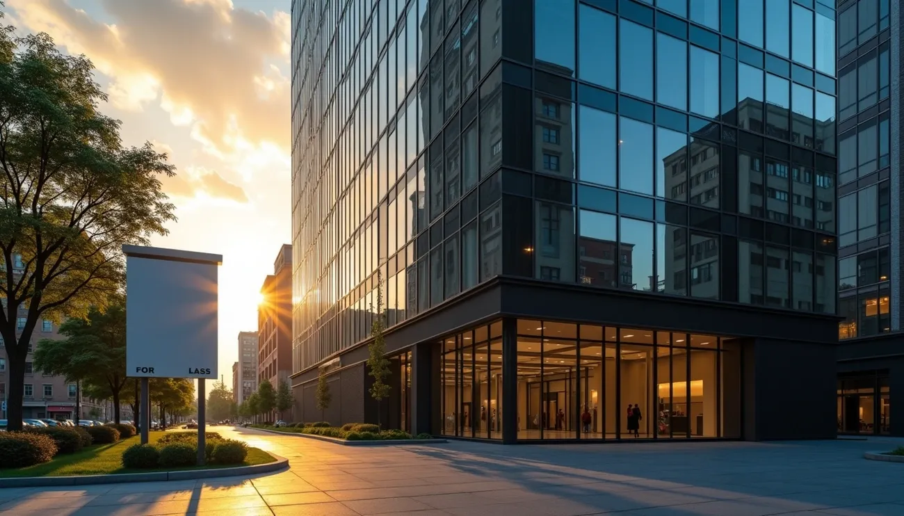 Sunset view of a modern commercial building with glass windows reflecting cityscape and a 'For Lease' sign in front.