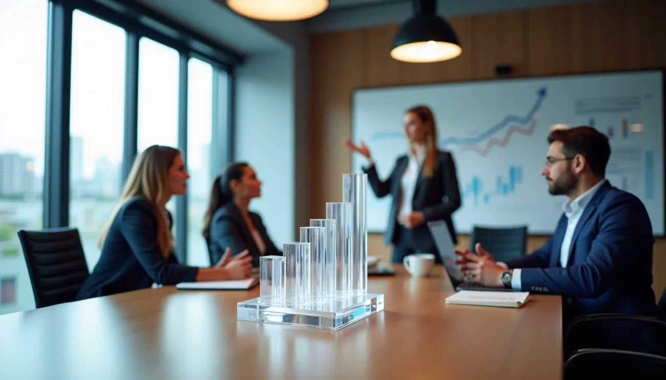 Business team in a meeting room discussing sales data with a clear glass bar chart on the table and a growth chart on screen.