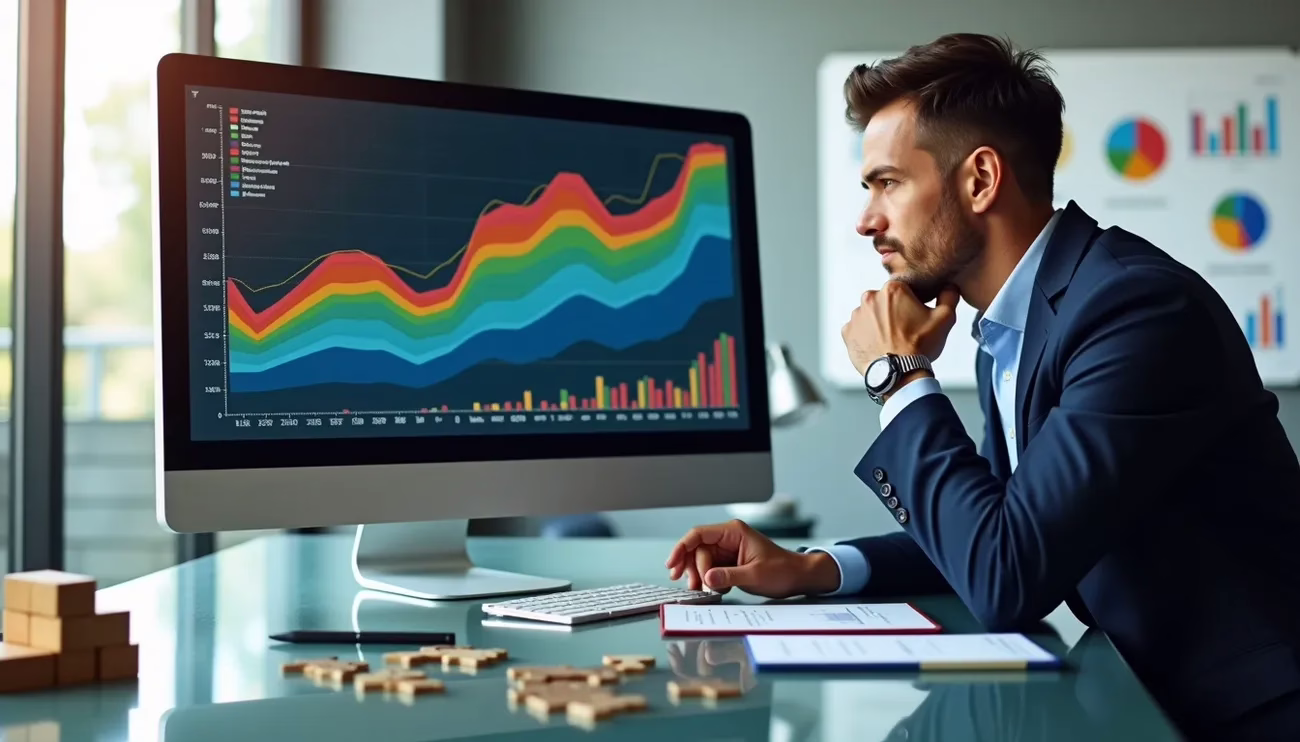Businessman in a suit analyzing colorful financial growth charts on a desktop monitor in an office setting.